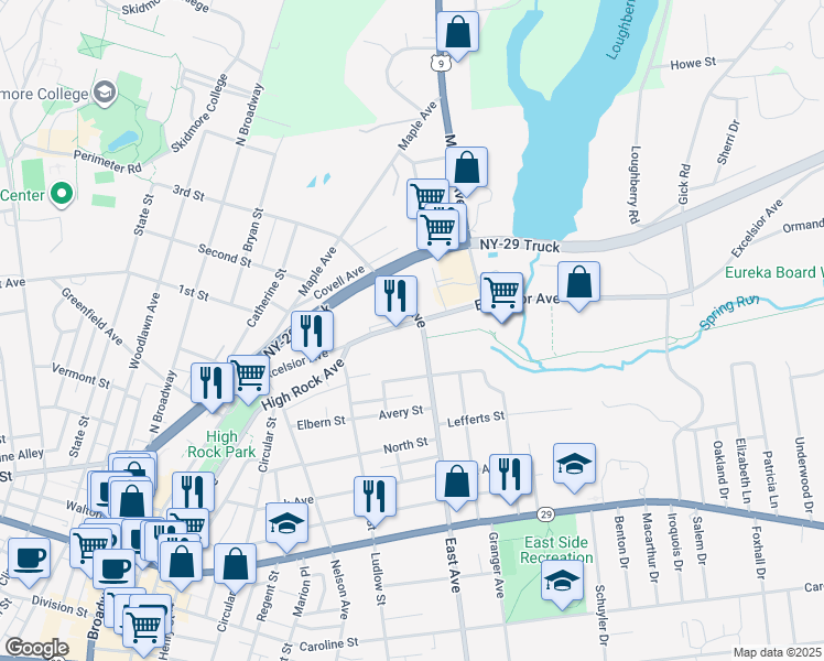 map of restaurants, bars, coffee shops, grocery stores, and more near 101 East Avenue in Saratoga Springs