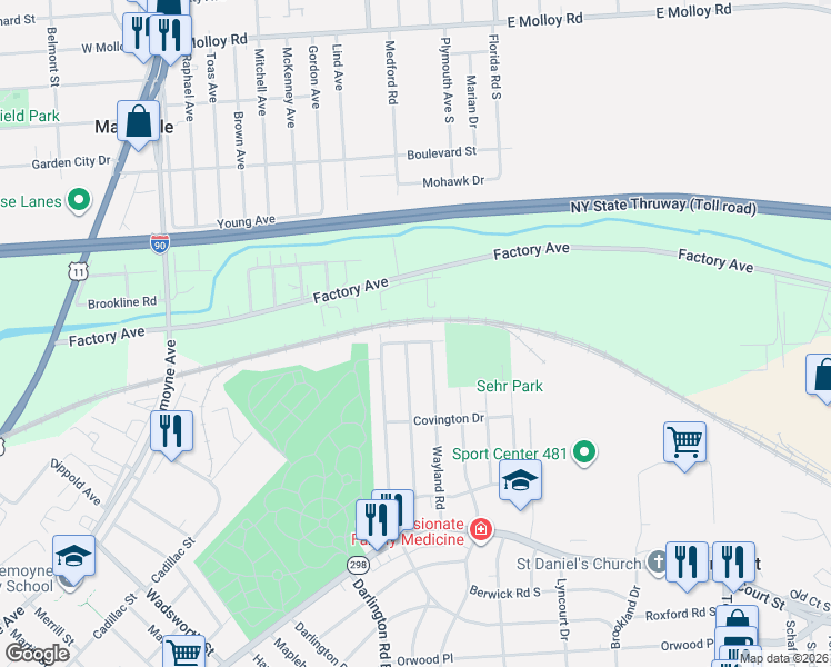 map of restaurants, bars, coffee shops, grocery stores, and more near 358 Medford Road in Syracuse