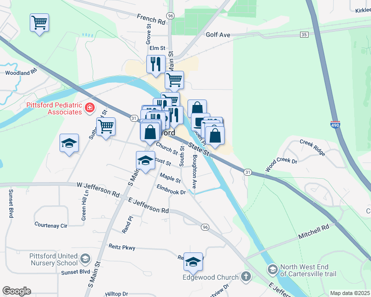 map of restaurants, bars, coffee shops, grocery stores, and more near 7 Boughton Avenue in Pittsford