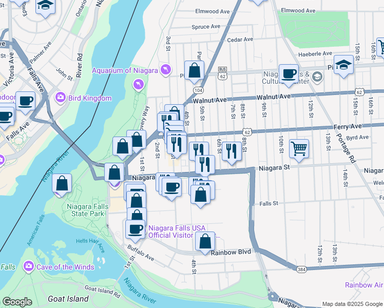 map of restaurants, bars, coffee shops, grocery stores, and more near 415 1/2 4th Street in Niagara Falls