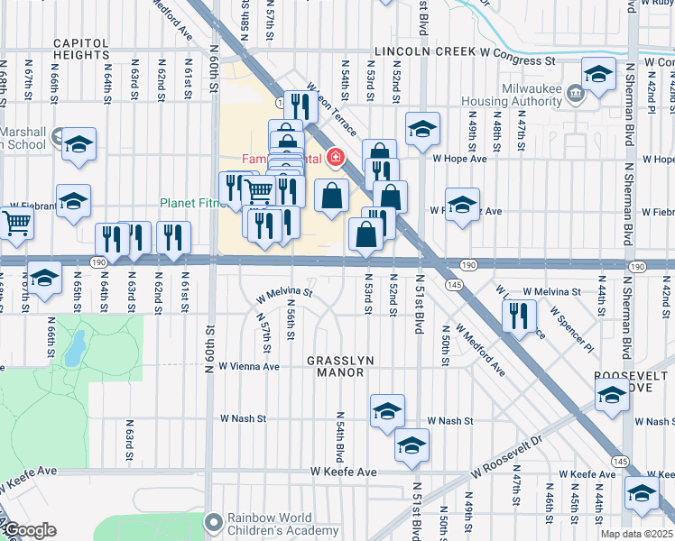 map of restaurants, bars, coffee shops, grocery stores, and more near 3941 North 54th Street in Milwaukee