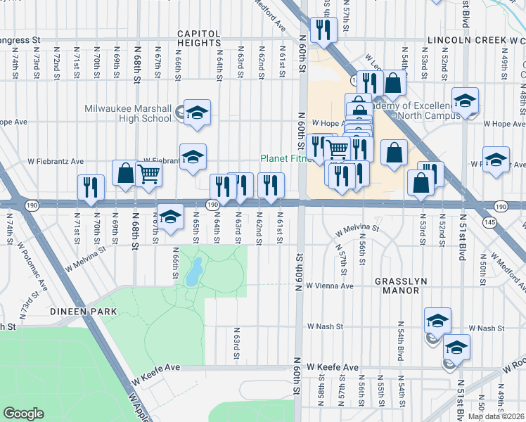 map of restaurants, bars, coffee shops, grocery stores, and more near 3941 North 62nd Street in Milwaukee