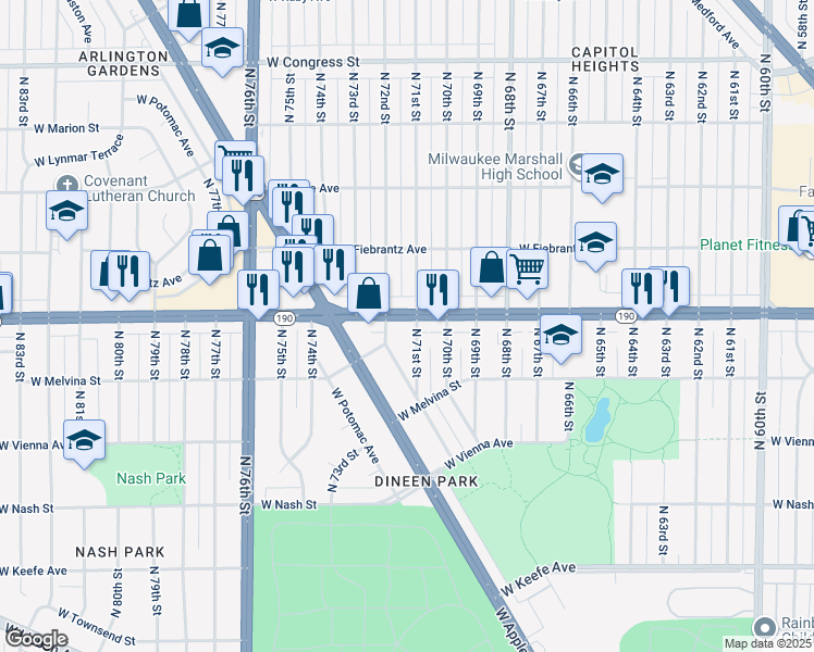 map of restaurants, bars, coffee shops, grocery stores, and more near 3958 North 71st Street in Milwaukee