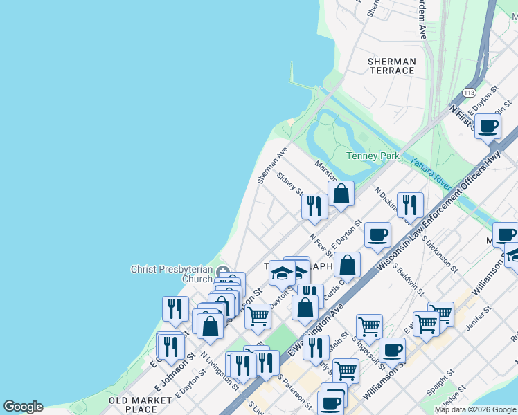 map of restaurants, bars, coffee shops, grocery stores, and more near 1109 Sherman Avenue in Madison
