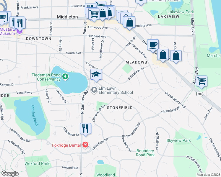 map of restaurants, bars, coffee shops, grocery stores, and more near 6503 Woodgate Road in Middleton