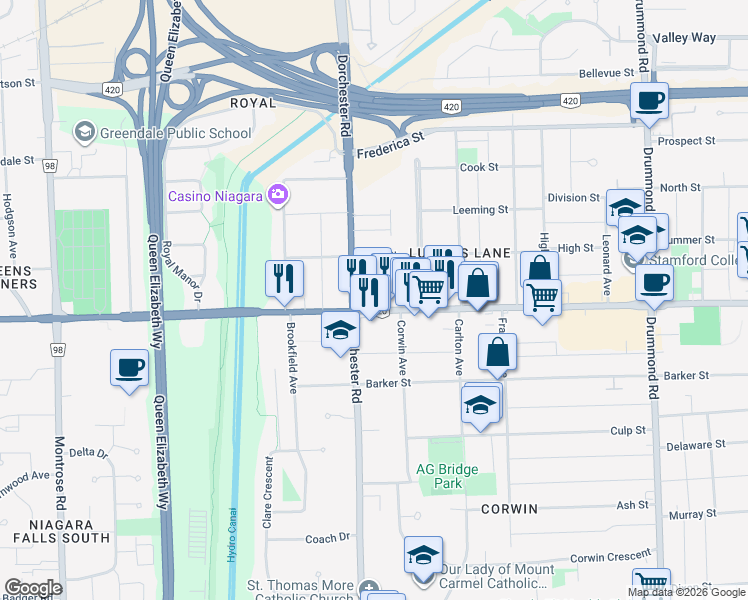 map of restaurants, bars, coffee shops, grocery stores, and more near 5900 Dorchester Road in Niagara Falls