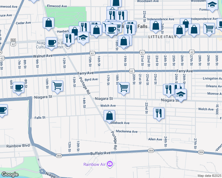 map of restaurants, bars, coffee shops, grocery stores, and more near 417 17th Street in Niagara Falls