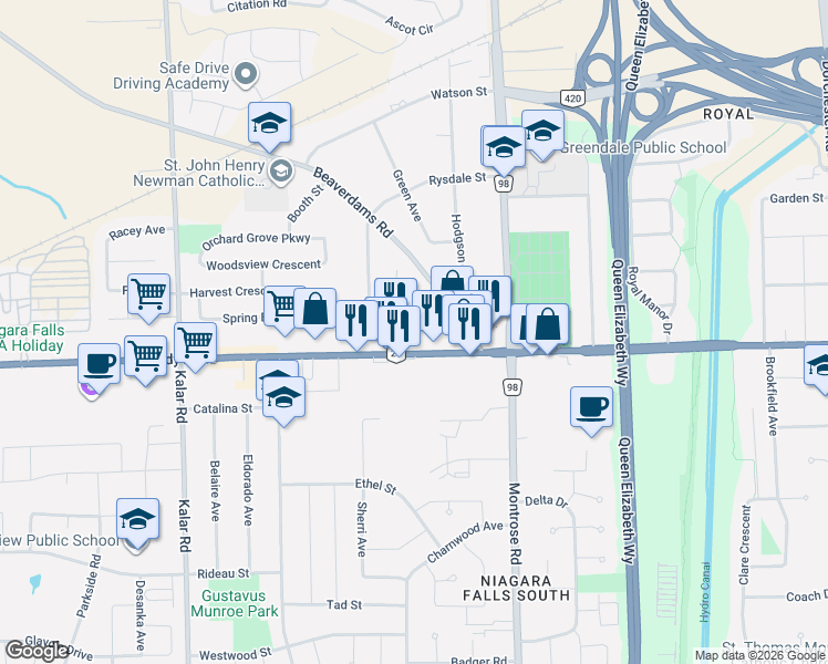 map of restaurants, bars, coffee shops, grocery stores, and more near 7737 Regional Road 20 in Niagara Falls