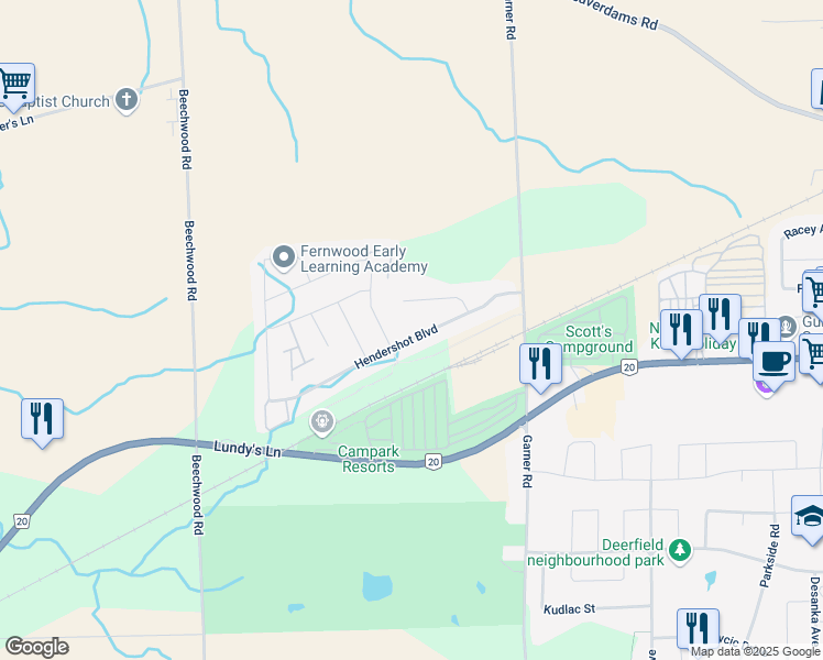 map of restaurants, bars, coffee shops, grocery stores, and more near 9187 Hendershot Boulevard in Thorold