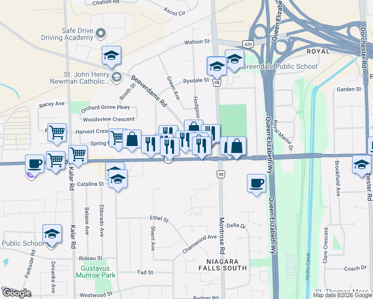 map of restaurants, bars, coffee shops, grocery stores, and more near 7737 Regional Road 20 in Niagara Falls