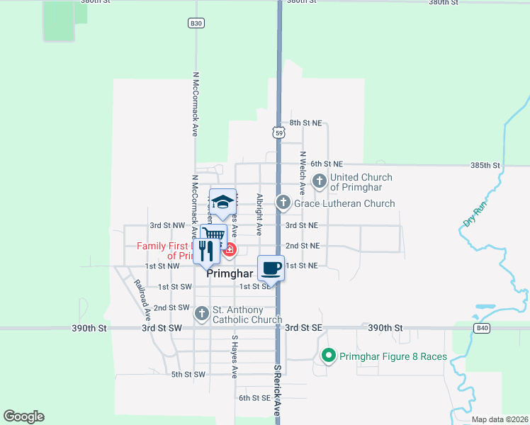map of restaurants, bars, coffee shops, grocery stores, and more near 301-399 3rd St NE in Primghar