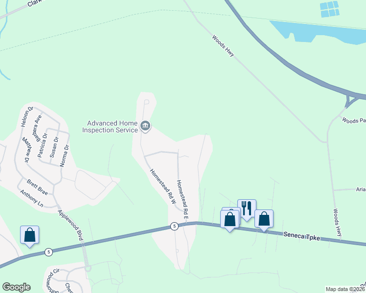 map of restaurants, bars, coffee shops, grocery stores, and more near 30 Homestead Road East in Clinton