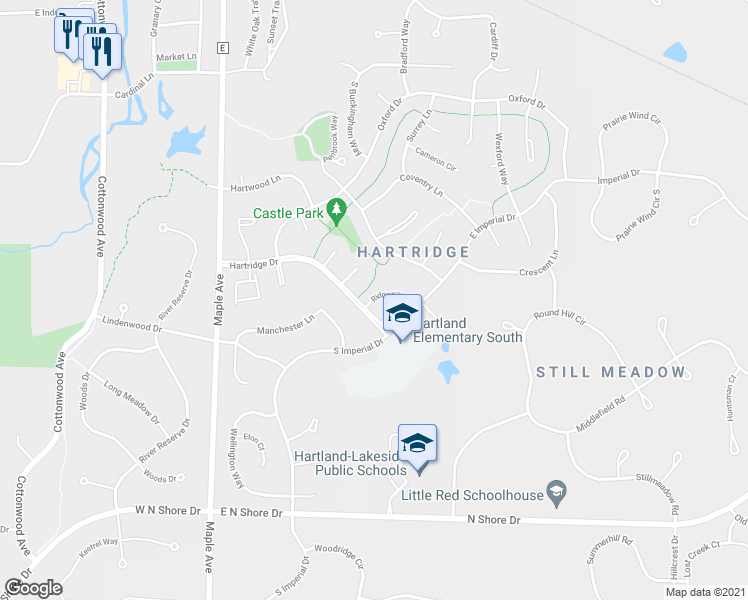 map of restaurants, bars, coffee shops, grocery stores, and more near 622 Ridgeway Drive in Hartland