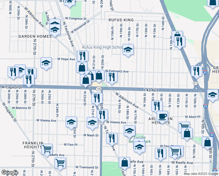map of restaurants, bars, coffee shops, grocery stores, and more near W Capitol Dr & W Atkinson Ave in Milwaukee