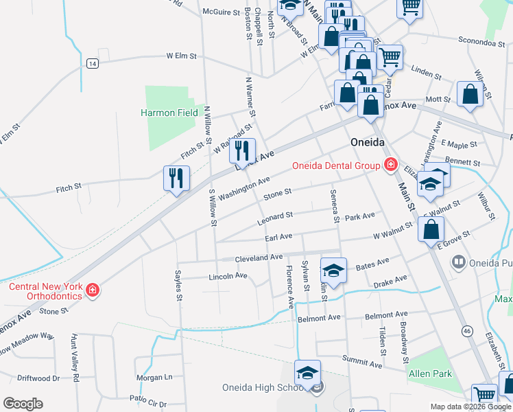 map of restaurants, bars, coffee shops, grocery stores, and more near 410 Leonard Street in Oneida