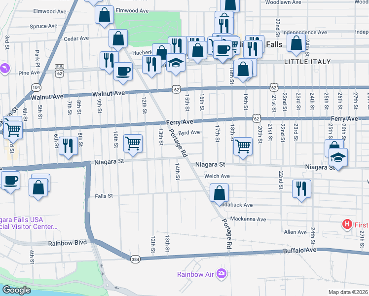 map of restaurants, bars, coffee shops, grocery stores, and more near 415 Portage Road in Niagara Falls