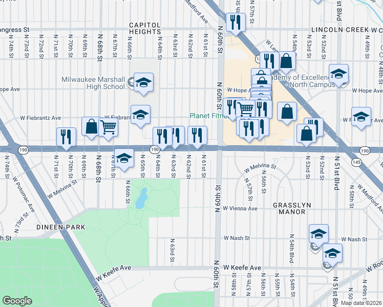 map of restaurants, bars, coffee shops, grocery stores, and more near 3941 North 62nd Street in Milwaukee