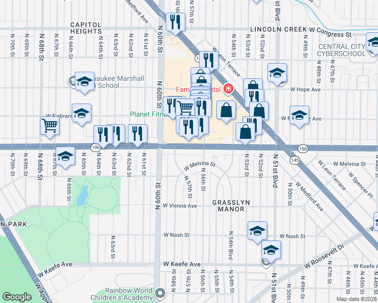 map of restaurants, bars, coffee shops, grocery stores, and more near 5635 West Capitol Drive in Milwaukee