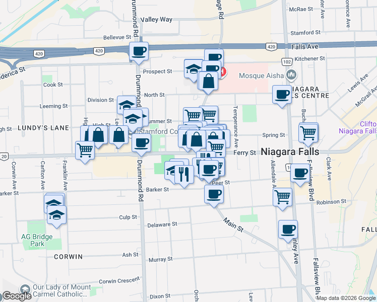 map of restaurants, bars, coffee shops, grocery stores, and more near 5991 Lundy's Lane in Niagara Falls