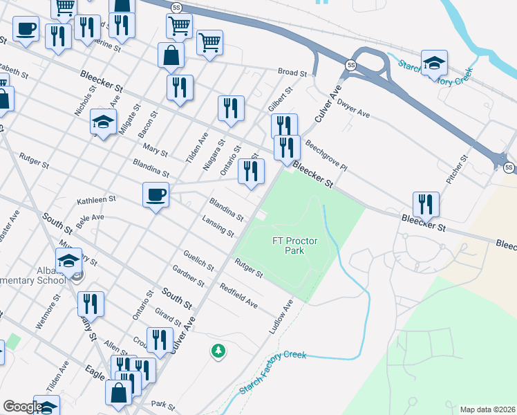 map of restaurants, bars, coffee shops, grocery stores, and more near Saint Marys Avenue in Oneida County