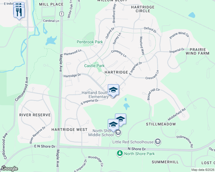 map of restaurants, bars, coffee shops, grocery stores, and more near 628 Ridgeway Drive in Hartland