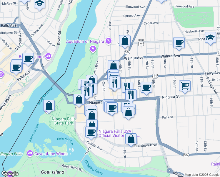 map of restaurants, bars, coffee shops, grocery stores, and more near 417 3rd Street in Niagara Falls