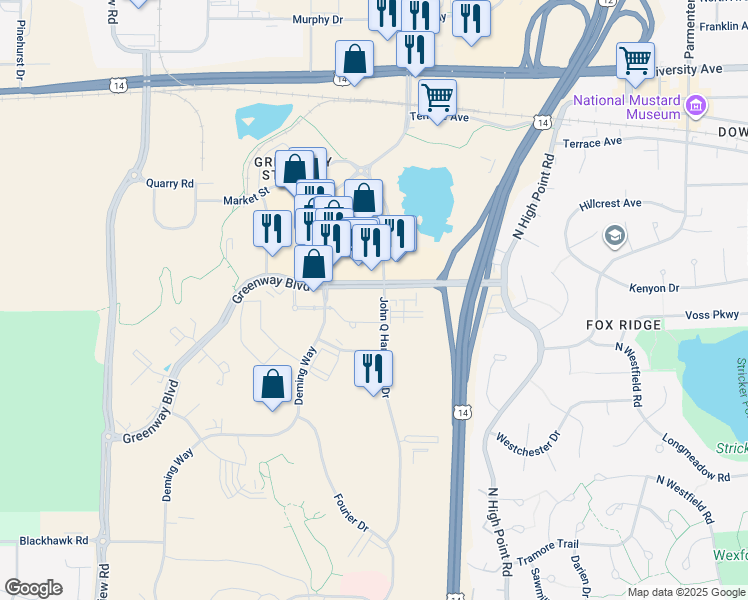 map of restaurants, bars, coffee shops, grocery stores, and more near 1428-1498 John Q Hammons Dr in Madison
