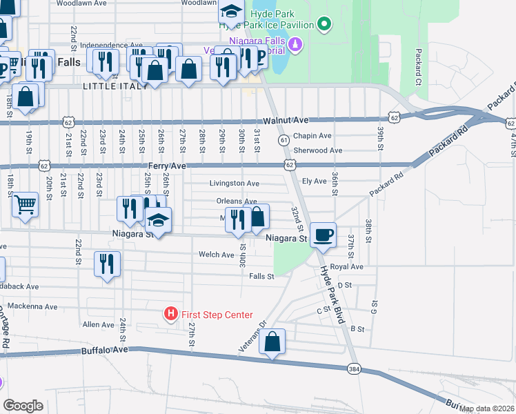 map of restaurants, bars, coffee shops, grocery stores, and more near 3023 Monroe Avenue in Niagara Falls