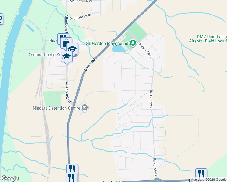 map of restaurants, bars, coffee shops, grocery stores, and more near Upper's Lane in Thorold