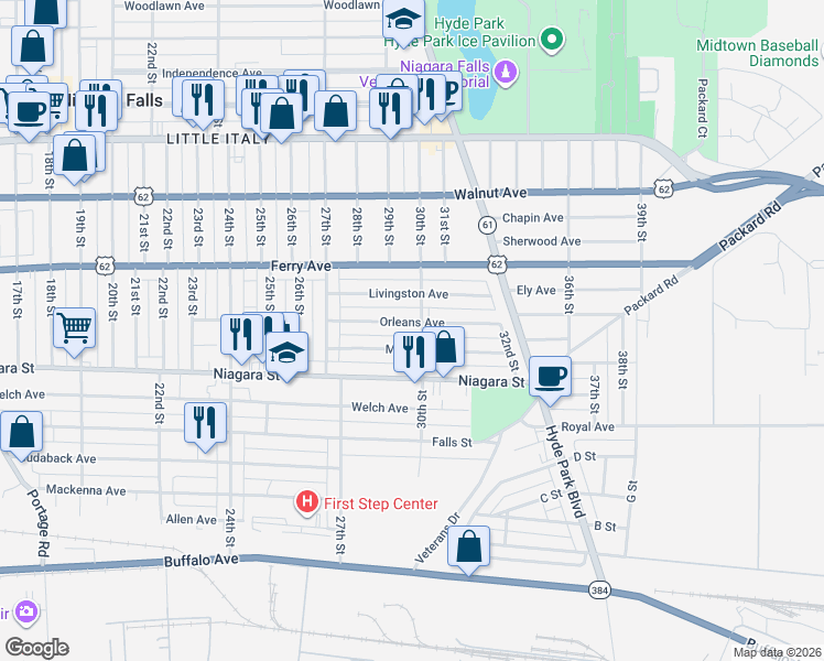 map of restaurants, bars, coffee shops, grocery stores, and more near 2789 Monroe Avenue in Niagara Falls