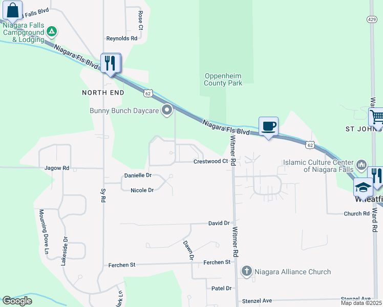 map of restaurants, bars, coffee shops, grocery stores, and more near 100 Crestwood Court in Niagara Falls