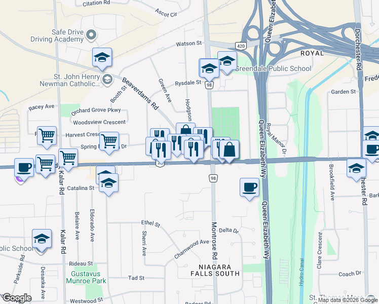 map of restaurants, bars, coffee shops, grocery stores, and more near 7701 Lundy's Lane in Niagara Falls