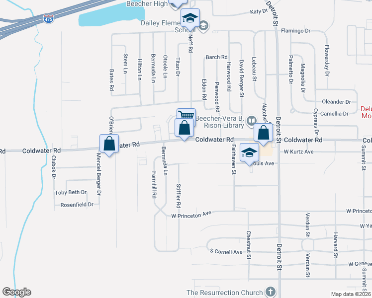 map of restaurants, bars, coffee shops, grocery stores, and more near 2026 Daron Place in Flint