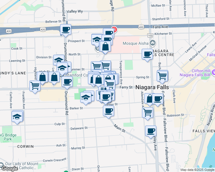 map of restaurants, bars, coffee shops, grocery stores, and more near in Niagara Falls