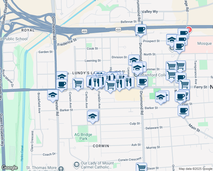 map of restaurants, bars, coffee shops, grocery stores, and more near 6480 Lundy's Lane in Niagara Falls