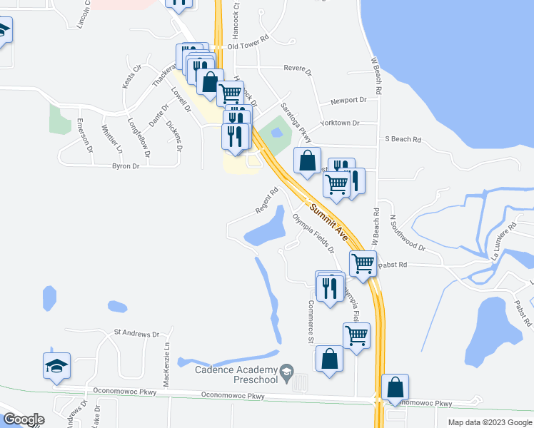 map of restaurants, bars, coffee shops, grocery stores, and more near 1071 Regent Road in Oconomowoc