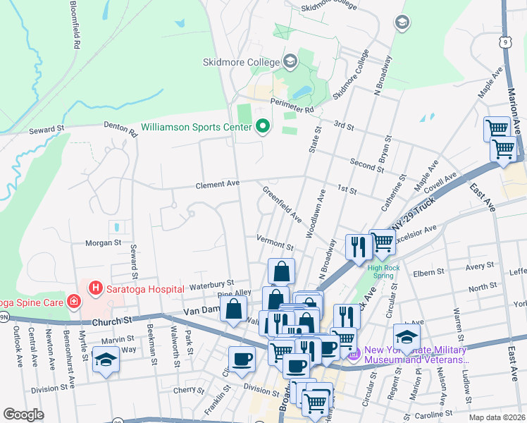 map of restaurants, bars, coffee shops, grocery stores, and more near 8 Park Alley North in Saratoga Springs