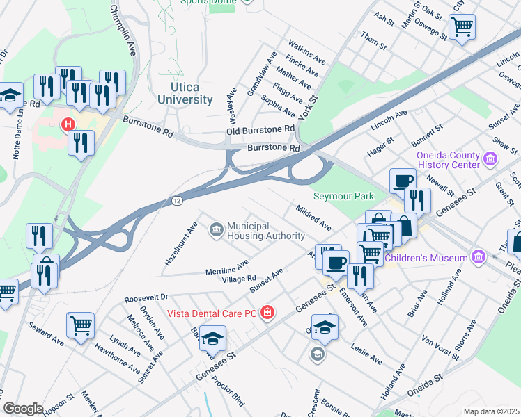 map of restaurants, bars, coffee shops, grocery stores, and more near 920 Craigie Avenue in Utica