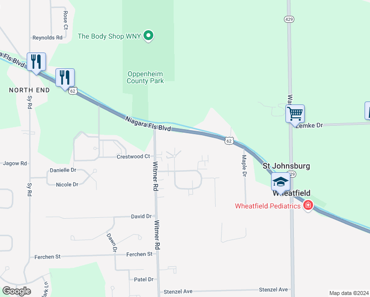 map of restaurants, bars, coffee shops, grocery stores, and more near 2741 Creek View Court in North Tonawanda