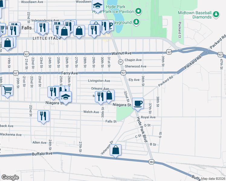 map of restaurants, bars, coffee shops, grocery stores, and more near 3023 Monroe Avenue in Niagara Falls