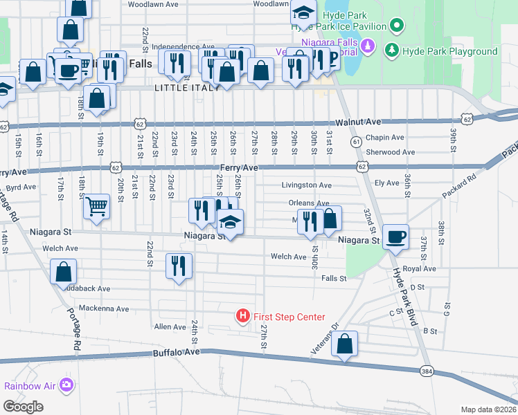 map of restaurants, bars, coffee shops, grocery stores, and more near 419 27th Street in Niagara Falls