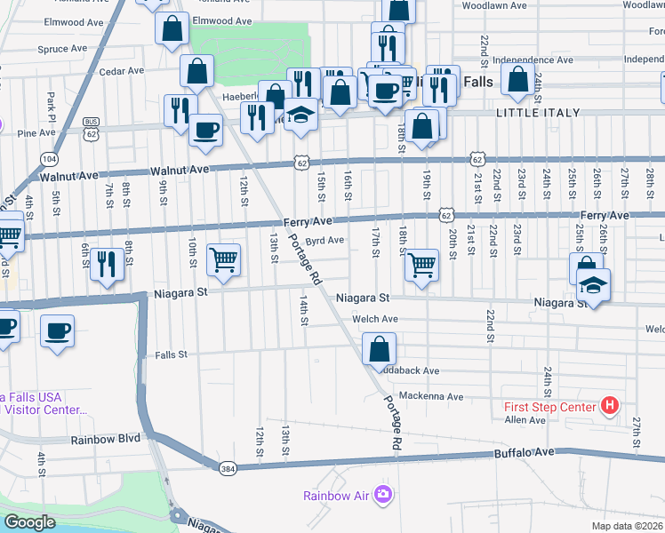 map of restaurants, bars, coffee shops, grocery stores, and more near 415 Portage Road in Niagara Falls