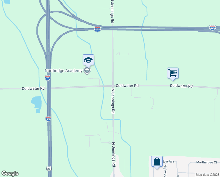 map of restaurants, bars, coffee shops, grocery stores, and more near 5500 North Jennings Road in Flint