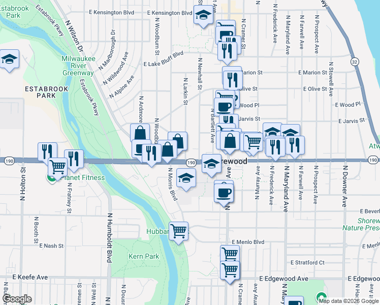map of restaurants, bars, coffee shops, grocery stores, and more near 1552 East Capitol Drive in Shorewood