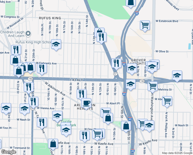 map of restaurants, bars, coffee shops, grocery stores, and more near 1233 West Capitol Drive in Milwaukee