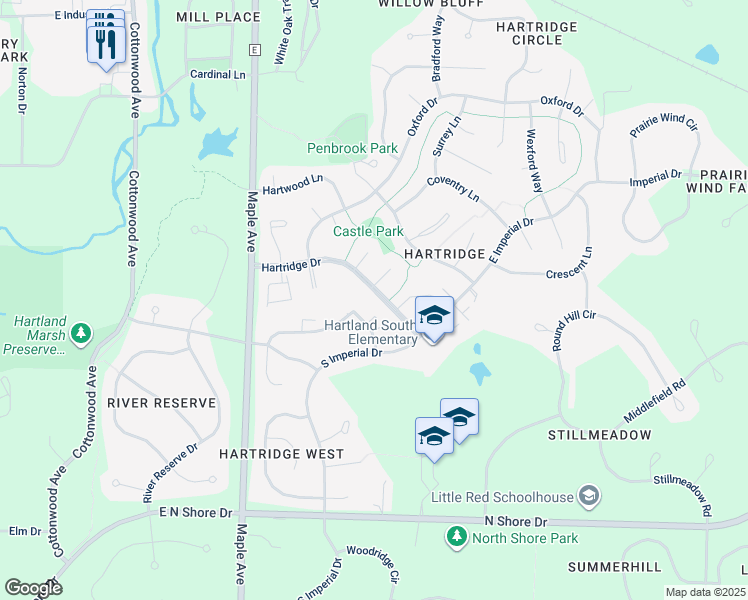 map of restaurants, bars, coffee shops, grocery stores, and more near 624 Dundee Lane in Hartland