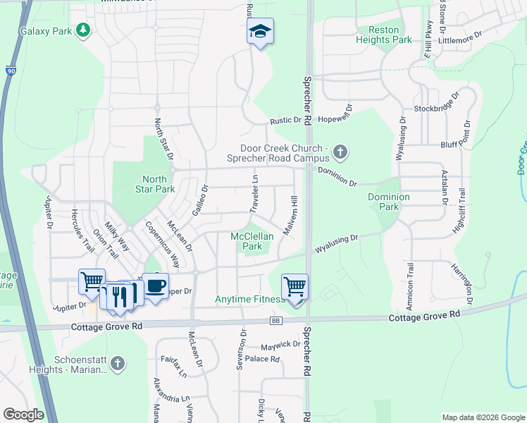 map of restaurants, bars, coffee shops, grocery stores, and more near 6311 Vicksburg Court in Madison