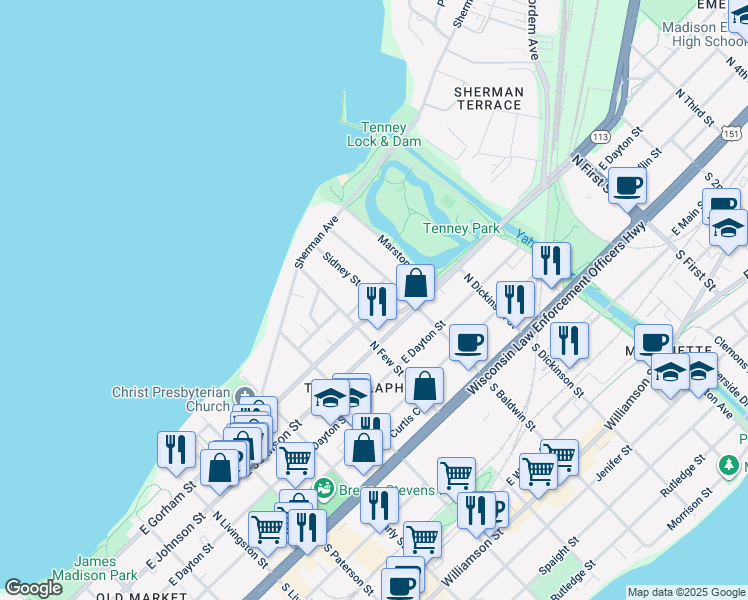 map of restaurants, bars, coffee shops, grocery stores, and more near 319 North Few Street in Madison
