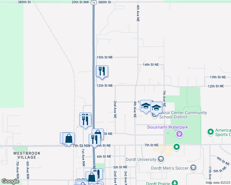 map of restaurants, bars, coffee shops, grocery stores, and more near 216 11th Street Northeast in Sioux Center