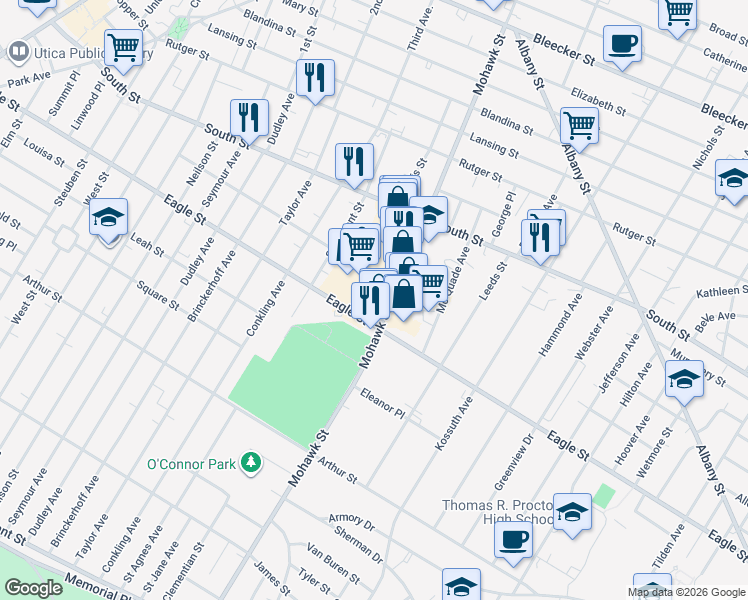 map of restaurants, bars, coffee shops, grocery stores, and more near 1154 Mohawk Street in Utica